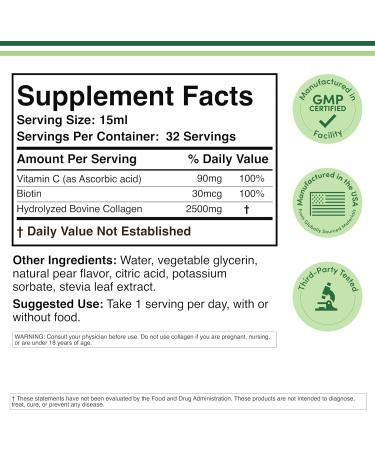 Double Wood Supplements Liquid Collagen - 2500mg of Hydrolyzed Bovine Collagen (Type 1 3 and Grassfed) - 32 Servings - for Women and Men - 30 mcg of Biotin - Sugar Free Pear Flavor Collagen Liquid - Buy Online on GoSupps.com