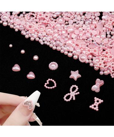 Vorey 500Pcs 3D Pink Multi Shapes Pearls Nail Charms  Mixed Heart Bowknot Star Assorted Pink Pearls Nail Beads Charms for Nail Art DIY Crafts and Jewelry Accessories