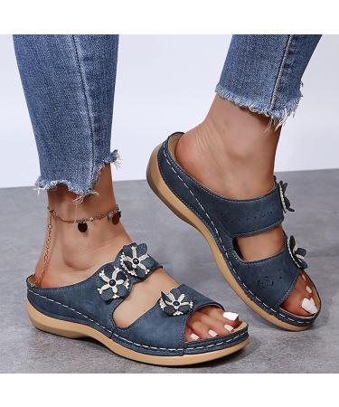 JWSVBF Orthotic Bunion Sandals for Women - Flowers Two Strap Slippers - Wedge Comfort Walking Shoes - 2023 Summer Fashion - Navy Blue - Size 8 Wide - Buy Online on GoSupps.com