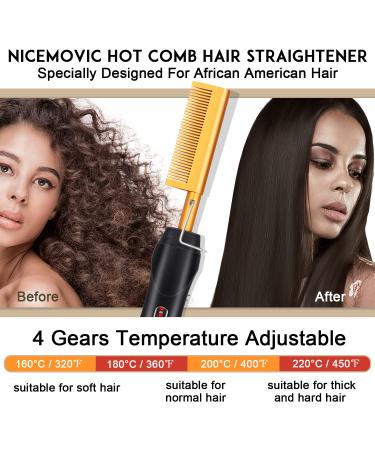 NICEMOVIC Ceramic Hot Comb Electric Heating Comb - Hair Straightener and Curling Brush for Natural Black Hair, Beard, and Wigs - Gold - Buy Online on GoSupps.com