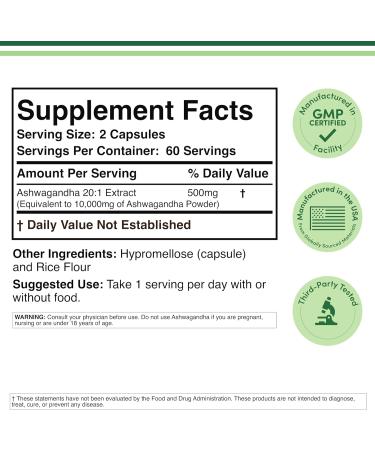 Ashwagandha Capsules 120 Count (500mg Extract 20:1 Potency) Adaptogen Stress Relief by Double Wood - Buy Online on GoSupps.com