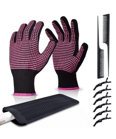 Heat Resistant Gloves for Hair Styling, ARRITZ Professional Curling Wand Gloves with Silicone Bumps Heat Proof Mat Pouch 6pcs Hiar Clips and 2pcs Combs for Flat Curling Iron Pink