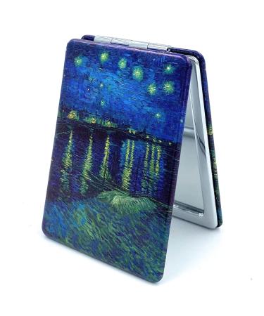 Aeisage Handheld Mirror Compact Small Mirror for Men Pocket Size Makeup Mirror Mini Mirror for Handbag Gift Mirror with Art Prints Starry Night, Diameter 2.75inch x 0.4inch Thickness Starry Night Over the Rhne