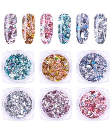 TIESOME Nail Foil 3D Sparking Gold Flakes for Nails 6 Grids Metallic Nail Glitter Nail Powder Metallic Mirror Effect for Nail Art Design (Set C)