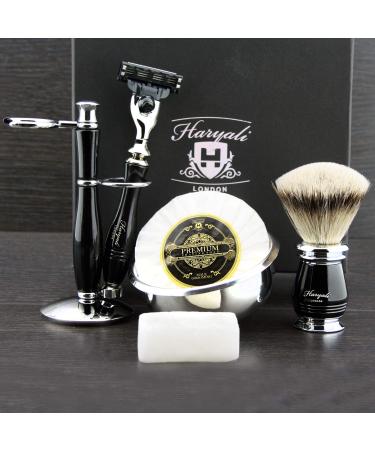Shaving set with silver tip badger hair brush and triple edge razor