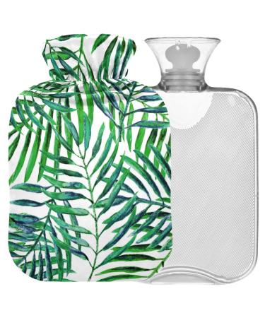 NAANLE hot water bottle with cover palm leaf watercolor transparent hot water bottle 2 l large warm-up bag for menstrual cramps pain relief hand foot heat and cold therapy