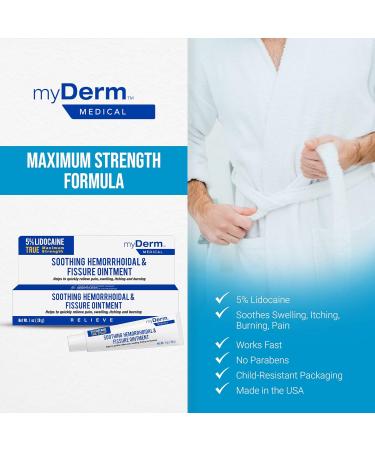 Myderm Medical 5% Lidocaine Hemorrhoidal Ointment - Maximum Strength 1oz Tube - USA Made for Hemorrhoid Relief - Buy Online on GoSupps.com