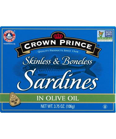 Crown Prince Skinless Boneless Sardines in Olive Oil 3.75oz Cans (Pack of 12) - Premium Quality Seafood - Buy Online on GoSupps.com