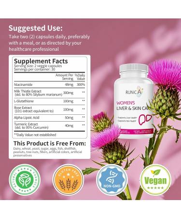 RUNICA 300 Milk Thistle 300mg Extract with Turmeric, Niacinamide & L-Glutathione, Liver Support Cleanse, Detox & Repair Supplement, Antioxidant Support for Women (30-Day Essentials Pack) - Buy Online on GoSupps.com