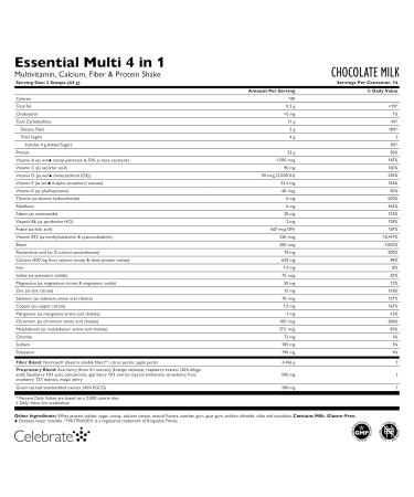 Celebrate Vitamins Essential Multi 4-in-1 Powder - Bariatric Multivitamin 500mg Calcium 4g Fiber 25g Protein Shake Mix - Chocolate Milk (14 Servings) - Buy Online on GoSupps.com