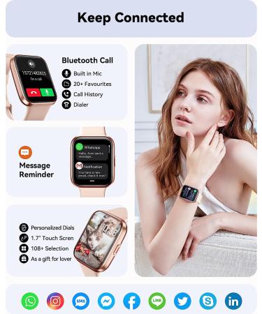 Women's Smart Watch with Call & Dial, Alexa Built-in, Heart Rate Monitor, Blood Oxygen & Sleep Tracker - IP68 Waterproof 1.7 Touch Screen Fitness Tracker for iPhone & Android - Pink - Buy Online on GoSupps.com