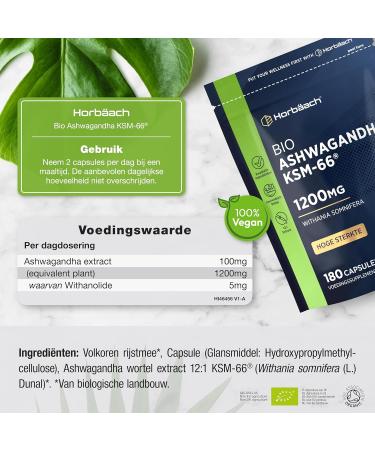 Horbach Ashwagandha KSM66 Organic 1200mg Capsules 180 High Strength Vegan Capsules Organic Ashwagandha KSM Extract Supplement from Horbaach - Buy Online on GoSupps.com
