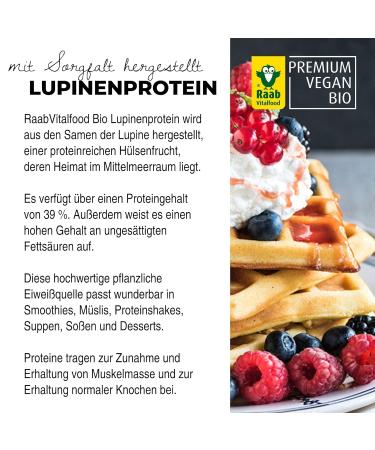 Raab Vitalfood Bio Lupinen Protein | Vegan Protein Powder | 39% Vegetable Protein & Essential Fatty Acids | Perfect for Shakes Smoothies & Baking | Made in Germany - Buy Online on GoSupps.com
