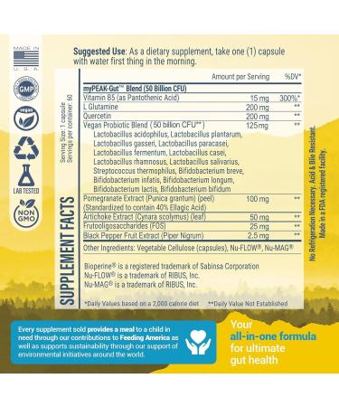 myPEAK PeakBiotic: The Ultimate Vegan Synbiotic with 50 Billion CFU Probiotics Prebiotics Postbiotics Modbiotics and Gut Lining to Enhance Digestion Skin and Mood with 2-Month Supply 60 Capsules - Buy Online on GoSupps.com