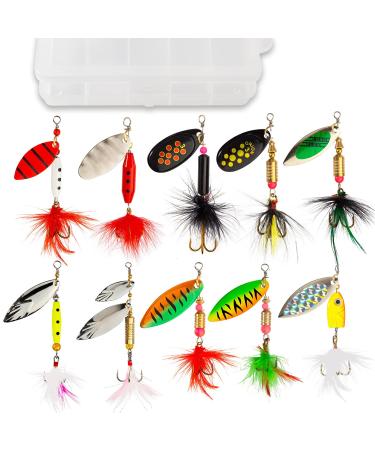 Akataka Spinnerbaits 10Pcs w/ Tackle Box, Colorful Hard Metal Baits Fishing Lure Kit Set w/ Bass Trout Salmon Walleye, Freshwater & Saltwater Fishing Lure, IDAL for Begginners and Experienced Style E