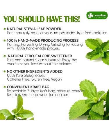 Lavendium Premium 128g (4.5oz) Stevia Leaf Powder Unprocessed Ground Stevia Leaves Dried 100% Natural & Pure Stevia Leaf Sugar Substitutes Natural Zero-Calorie Sweetener No Additives No Gluten Vegan. Stevia 127 g (Pack of 1) - Buy Online on GoSupps.com