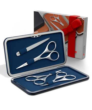 Suvorna Professional Men's Grooming Facial Hair Removal / Trimming Kit 4 Pcs. Mustache & Beard, Ears & Nose and Eyebrow Scissors along with Slant Tweezers. (Dark Blue)