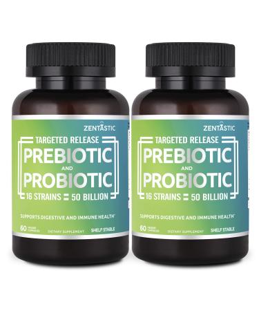 Zentastic Probiotics & Prebiotics Supplement - 50 Billion CFU - for Men & Womens Immune & Digestive Health - 16 Strains - Shelf Stable - 120 Delayed Release Veggie Capsules 120 Count (Package of 2)