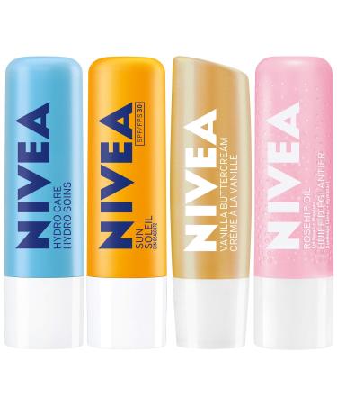 NIVEA Hydrating Caring Lip Balm Moisturizer Gift Pack | 24H Intensive Moisture | For Lasting Soft Smooth Lips | Includes NIVEA Sun SPF30 Lip Balm Hydro Care Lip Balm | 4x4.8g Stick
