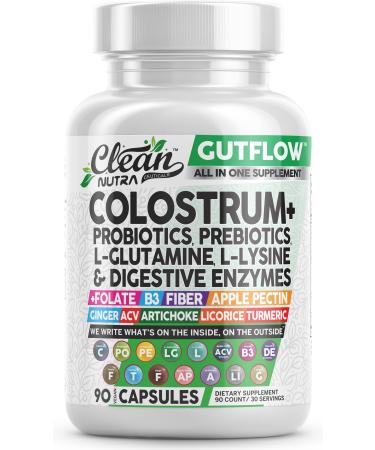 Clean Nutraceuticals Colostrum Supplement Capsules Probiotics Pills Prebiotics L-Glutamine Digestive Enzymes Folate Fiber ACV Turmeric Apple Pectin and Turmeric Pills 90 Count (Pack of 1)