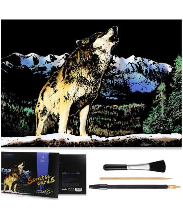 MeowHaus Scratch Art Rainbow Painting Paper Animal - Wolf, DIY Crafts Womens Hobbies Engraving Art for Kids & Adults Scratch Painting Sketch Pads Scratchboard Birthday Creative Gift 16 x 11.2