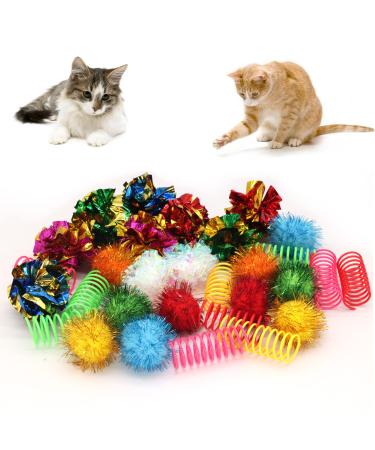 LASOCUHOO Cat Toys, 30PCS Interactive Cat Toy Pack Including Cat Crinkle Balls, Cat Sparkle Balls, Spiral Springs for Indoor Cats