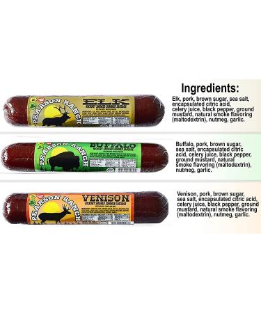 Pearson Ranch Game Meat Hickory Smoked Summer Sausage Variety Pack - Elk, Buffalo, Venison - Gluten-Free, MSG-Free (3 Pack) - Buy Online on GoSupps.com