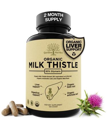 Garden of Herbz USDA Organic Milk Thistle Supplement 80% Silymarin 250 mg with Beet Root & Artichoke Leaf Extract Herbal Formula for Liver and Digestive Support 120 Capsules