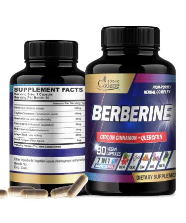 Cadane Berberine Supplement with Ceylon Cinnamon Quercetin Resveratrol Milk Thistle Grape Seed and Black Pepper - 3-Month Supply for 90 Capsules