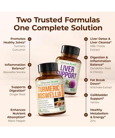 Boswellia Turmeric Curcumin Supplement + Liver Cleanse Detox & Repair Bundle Supports Joint Health Energy & Healthy Digestion with Ginger Turmeric Powder Milk Thistle Zinc & Artichoke Extract - Buy Online on GoSupps.com