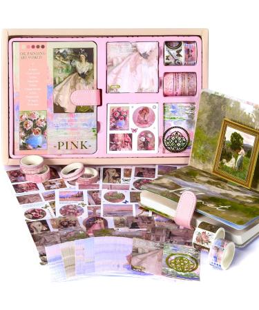 Scrapbooking Supplies Journaling Kit, Vintage Oil Painting Colorful Blank Notebook for Junk Journal, Aesthetic Scrapbook Kit with Scrapbook Stickers Washi Tapes, Art Journal Gift for Teen Girl Women Pink-Classical Rome
