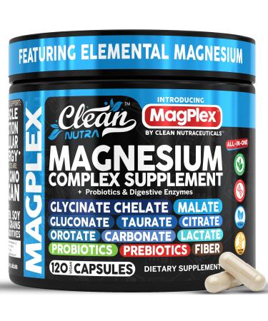 8in1 Magnesium Supplement Complex | Magnesium Glycinate Citrate Malate Gluconate Orotate Carbonate Lactate + Prebiotics Probiotics Digestive Enzymes Magnesio Capsules for Women Men by Clean Nutra