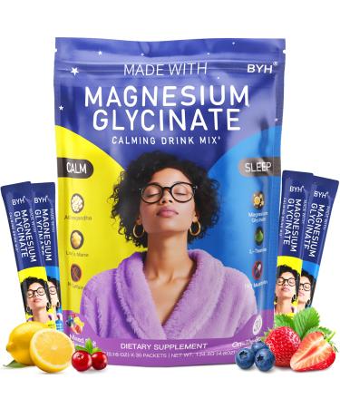 Calm Magnesium Powder Drink Mix - Magnesium Glycinate Ashwagandha Lions Mane Mushroom L-theanine Rhodiola Rosea Beetroot GABA Valerian Root - 30 Packets