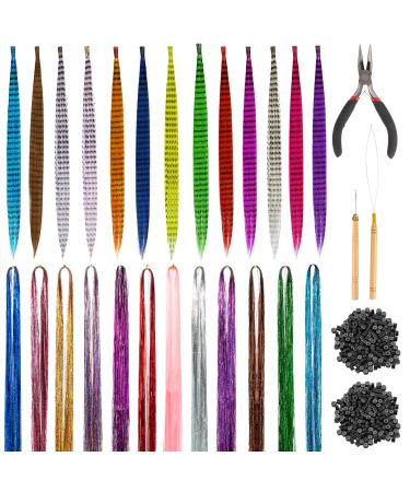 Iriisy 51 Pieces 25 Colors Feathers Hair Extensions and 2160 Strands Hair Tinsel with Tools Hair Accesories Kit Sparkling Shiny Synthetic Hair Kit with 200 Micro Ring Beads for Christmas Women Cosplay Party