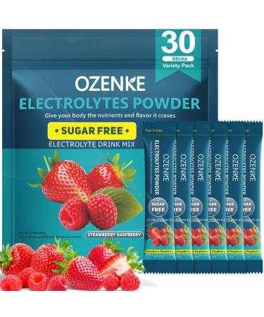 OZENKE 30 Sticks Electrolyte Powder Packets Sugar Free Hydration Packets Electrolytes Drink Mix for Rapid Hydration, Strawberry & Raspberry Flavor