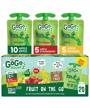 GoGo squeeZ Fruit on the Go Variety Pack, Apple Apple, Apple Banana, & Apple Strawberry, 3.2 oz. (20 Pouches) - Tasty Kids Applesauce Snacks - Gluten Free Snacks for Kids - Nut & Dairy Free - Vegan Snacks Apple Banana Stra…