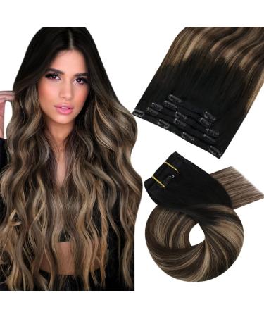 Moresoo clip in Extensions real hair balayage clip in hair extension ombre extensions real hair clip double broken black to dark brown with dark blond #1b/4/18 5pcs/80g 35 cm #1b/4/14
