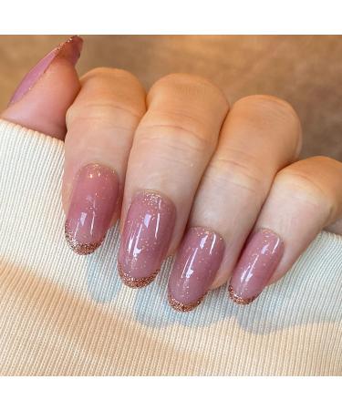 Novo ovo nails for sticking out medium -length oval almond dark pink golden glitter French tip press on nail chrome oval almond -shaped artificial fingernails to stick out artificial nails with glue glitter at midnight