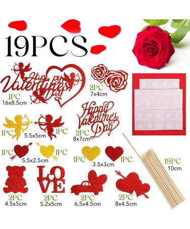 19pcs Happy Valentine's Day Cake Topper Glitter Paper Cupcake Toppers Pattern Heart Bear Rose Love Dessert Picks Cake Decoration for Valentine's Day - Buy Online on GoSupps.com