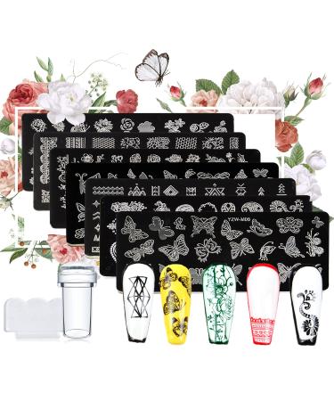 7 Pcs Nail Stamping Plates + 1 Stamper + 1 Scraper Lace Flower Butterfly Pendant Pattern Nail Art Stamp Stamping Template Image Plate Nail Art Stamper Scraper Nails Tool