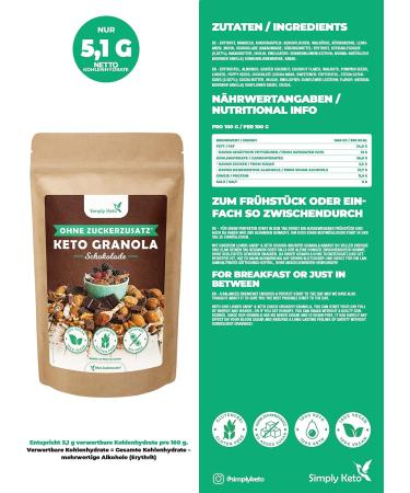 Simply Keto Crunchy Muesli Chocolate Low Carb Muesli without Sugar 250g Delicious Keto Muesli for a Perfect Breakfast Paleo & Vegan Soy Lactose & Gluten Free 250g chocolate muesli 250 g 1er Pack - Buy Online on GoSupps.com