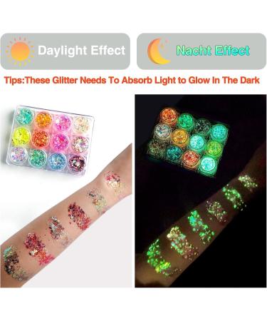 Sunnylisa 12 Colors Fluorescent Body Glitter Gel - Mermaid Sequin Sparkling Makeup for Festivals & Birthdays with 2 Brushes - Buy Online on GoSupps.com