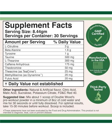 Pre Workout Powder for Men & Women (30 Servings of Caffeine Beta Alanine L-Citrulline Dynamine L-Theanine Taurine Theacrine & More) Preworkout Powder with Scoop by Double Wood (Fruit Punch) - Buy Online on GoSupps.com