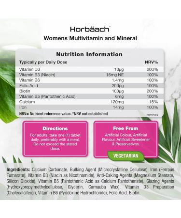 Women's Multivitamins with Iron, Calcium, Biotin, Folic Acid, Vitamins D3, B3, B6 & B5 | 180 Vegetarian Tablets by Horbaach - Buy Online on GoSupps.com