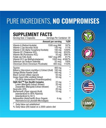 Approved Science EyeSyl - Eye Support Supplement - Chromium Picolinate, Taurine, Lutein, Zeaxanthin, Bilberry, BioPerine - 1 Month Supply - 60 Capsules - Made in The USA 60 Count (Pack of 1) - Buy Online on GoSupps.com