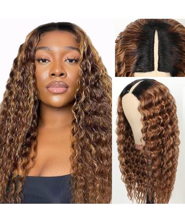 Honey Blonde V Part Wig Human Hair Highlight With Shadow Roots No Leave Out Deep Wave Upgrade U Part 100% Human Hair Wig No Glue No Lace 4/27 Curly Ombre Glueless Human Hair Wigs For Black Womem Time Saving And Skin Protec…