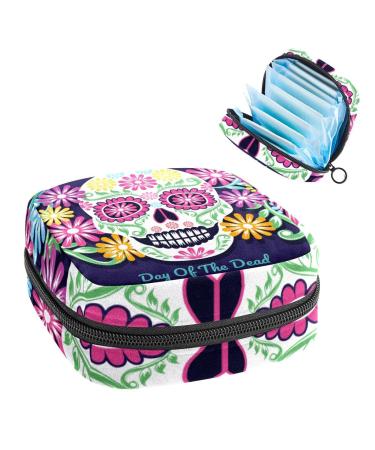 Sugar Skull Flowers Day of The Dead Sanitary Napkin Storage Bag Feminine Menstrual Cup Pouches Nursing Pad Holder Tampon Bags Portable Period Bag for Women Teen Girls 1Pcs Multi-colored 15