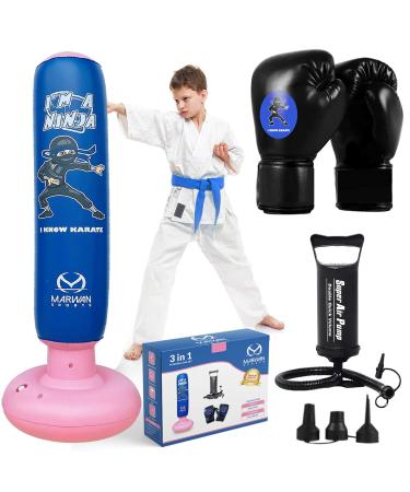 Marwan Sports All in One Sun-Resistant Punching Bag for Kids | 3-12 Years Old Inflatable Kids Punching Bag Set with Hand-Stitched Boxing Gloves | Freestanding Boxing Bag Set Toy for Boys & Girls Blue