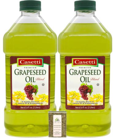 Casetti, Grapeseed Oil Blend, Kosher, Light Flavor, Ideal High Temperature Cooking Oil for Deep Frying & Baking (Grape Seed Oil), (.52 Gal) 67.6 Fl oz (Pack of 2) + Includes-Free Rhino Basil.071 oz