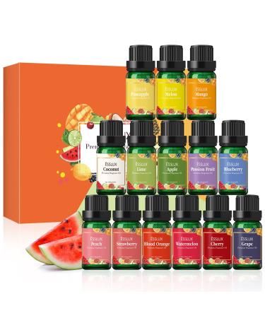 Fruity Fragrance Oils Set, ESSLUX 14 Premium Fruit Scented Oils for Diffuser, Soap Candle Making Scents, Coconut, Peach, Watermelon, Pineapple and More, Aromatherapy Essential Oils Gift Set for Home 0.33 Fl Oz (Pack of 14)